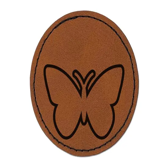 Butterfly Outline Round Iron-On Engraved Faux Leather Patch Applique - 2.5" Brown {1}