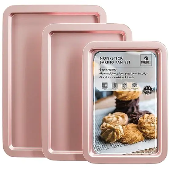 3 Pack Baking Sheet Pan Set, Cookie Sheet for Oven, Nonstick Bakeware Sets with Wider Grips, Half/Jelly Roll/Quarter Baking Tray, Premium, Dishwasher Safe-Pink {3}