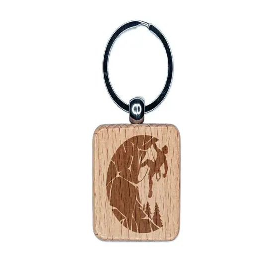 Rock Climbing Moon Stone Wall Mountain Cliff Engraved Wood Square Keychain Tag Charm {1}