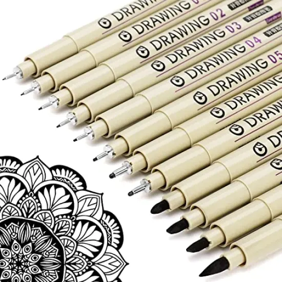 Fineliner Drawing Art Pens: 12 Black Fine Line Waterproof Ink Set Artist Supplies Archival Inking Markers Liner Professional Sketch Outline Crafts Anime Sketching Watercolor Zentangle Kit Stuff {2}