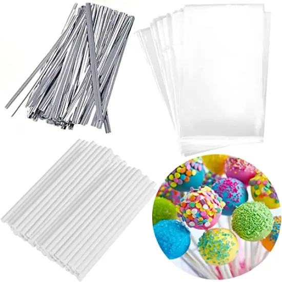100 Pieces Silver Lollipop Cake Pop Treat Bag Set Including Parcel Bags, 100pcs Papery Treat Sticks, 100pcs Colorful Metallic Twist Ties for Making Lollipops, Cake Pops, Candies, Chocolates and Cookies {2}