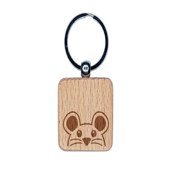 Peeking Mouse Engraved Wood Square Keychain Tag Charm {1}