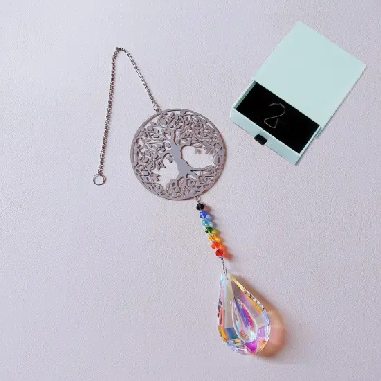 Flower of Life Suncatcher, Silver Hanging Crystal Wind Chimes, Tree of Life Chakra Crystal Glass Angel Sun Catcher with Iris Effect for Home Garden Decoration Christmas Wedding Gift {6}