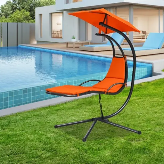 Patio Hanging Hammock Chaise Lounge Chair with Canopy Cushion for Outdoors Orange {1}