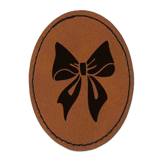 Sweet Bow Gift Presents Birthday Anniversary Christmas Round Iron-On Engraved Faux Leather Patch Applique - 2.5" Brown {1}