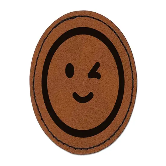 Winking Smiling Face Emoticon Round Iron-On Engraved Faux Leather Patch Applique - 2.5" Brown {1}