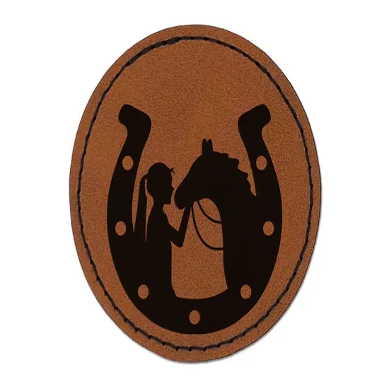 Horseshoe Horse and Girl Round Iron-On Engraved Faux Leather Patch Applique - 2.5" Brown {1}