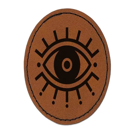 Evil Eye Nazar Charm Round Iron-On Engraved Faux Leather Patch Applique - 2.5" Brown {1}