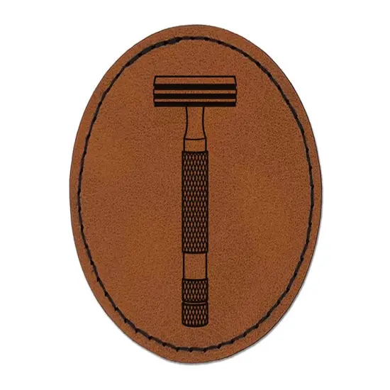 Razor Shaving Blade Round Iron-On Engraved Faux Leather Patch Applique - 2.5" Brown {1}