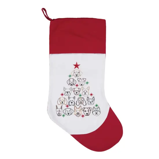 Dog Themed Embroidered Christmas Stocking on White Background with Red Cuff Features Dog Face Christmas Tree Stocking 20.0 in. {1}