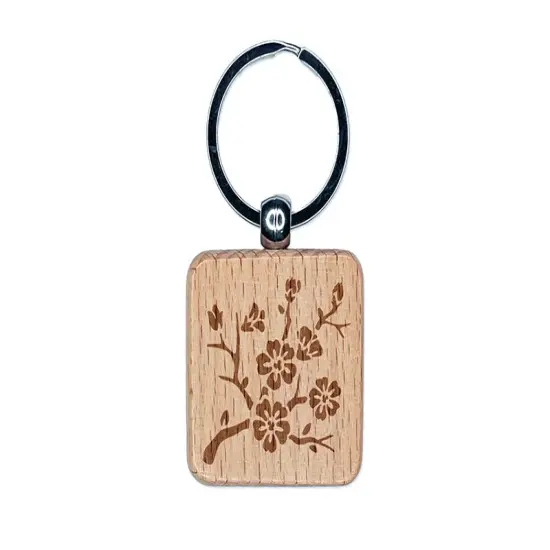Cherry Blossom Sakura Floral Flower Bud Branch Engraved Wood Square Keychain Tag Charm {1}