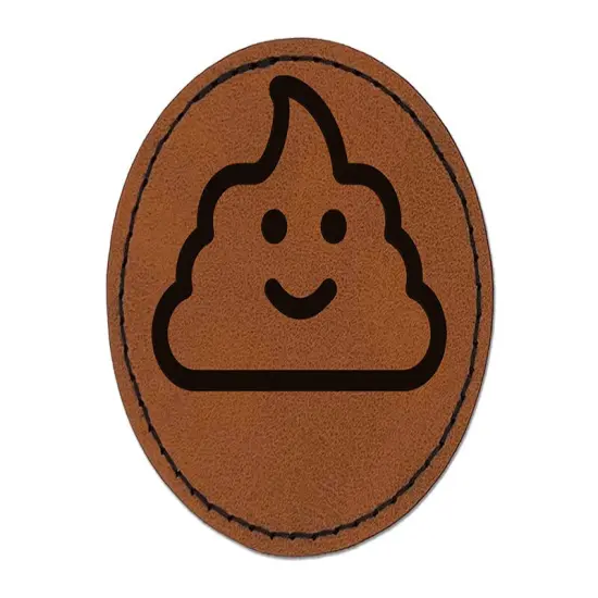 Smile Poop Face Emoticon Round Iron-On Engraved Faux Leather Patch Applique - 2.5" Brown {1}