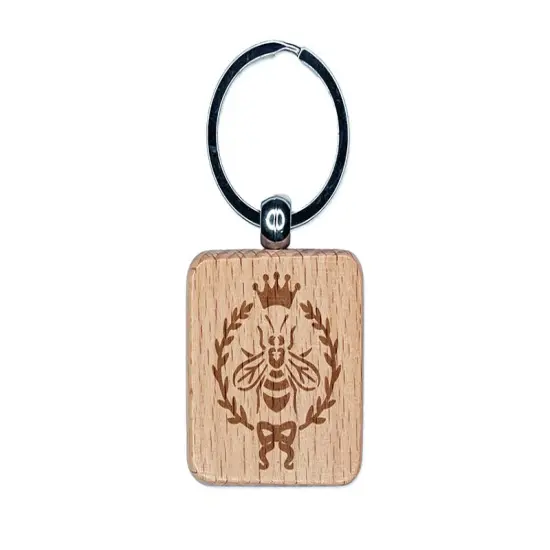 French Bee Crown Wreath Engraved Wood Square Keychain Tag Charm {1}