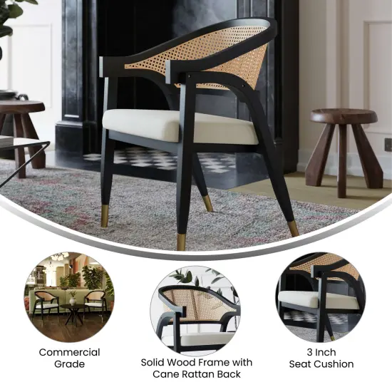 Merrick Lane Bronson Cane Rattan Padded Accent or Dining Chair with Metallic Accented Legs Black {2}
