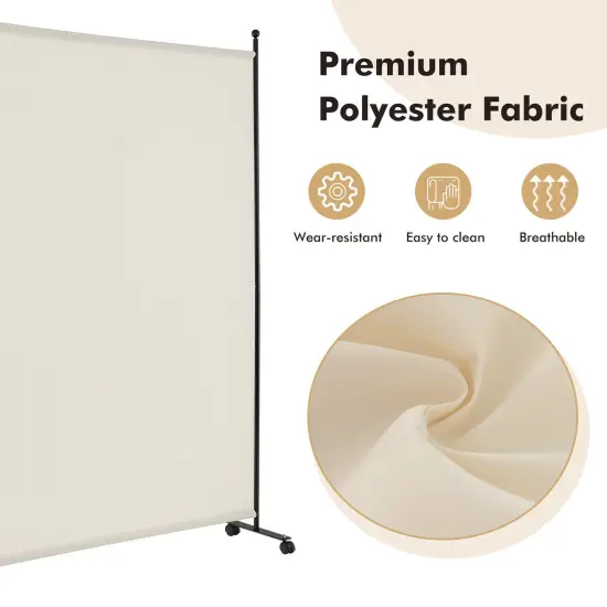 6 Feet Single Panel Rolling Room Divider with Smooth Wheels White {6}