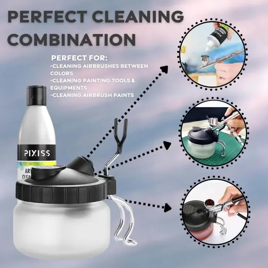 Pixiss Air Brush Painting Set with Airbrush Cleaner Pot and Brush Cleaner Fluid (4 fl oz) - 10 Colors of Acrylic Paint for Airbrush Kit with accessories for Model Paint Kit {6}