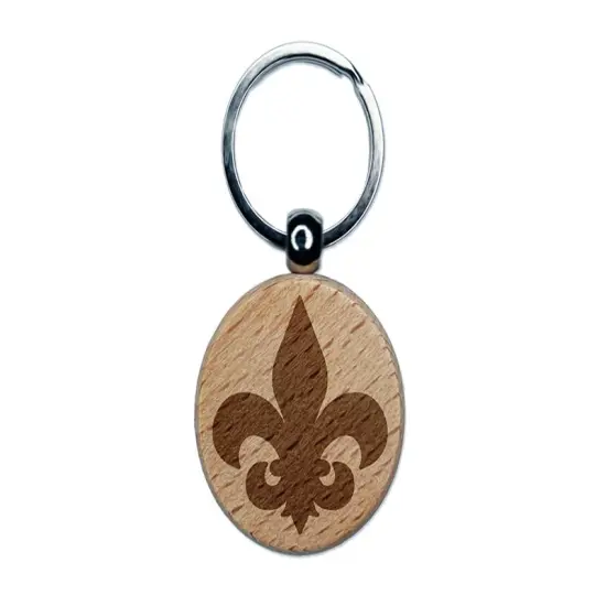 Fleur de Lis Solid Engraved Wood Round Keychain Tag Charm {1}