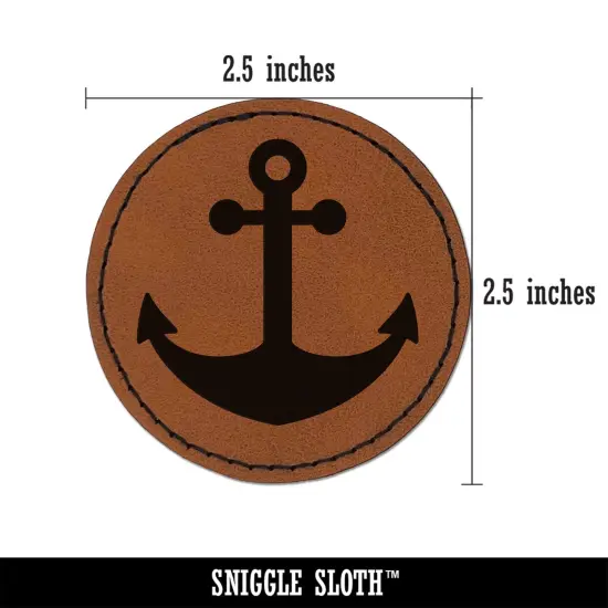 Ship Anchor Nautical Round Iron-On Engraved Faux Leather Patch Applique - 2.5" Brown {3}