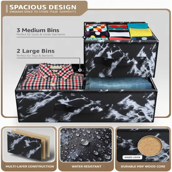 Sorbus Dresser with 5 Drawers - Storage Chest Organizer Unit with Steel Frame, Wood Top, Easy Pull Fabric Bins - Long Wide TV Stand for Bedroom Furniture, Hallway, Closet & Office Organization Marble black/white {5}