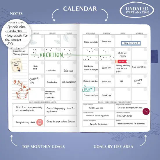Deluxe Weekly & Monthly Life Planner to Hit Your Goals & Live Happier. Organizer Notebook & Productivity Journal. A5 Hardcover, Undated – Start Any Time + Stickers – Periwinkle Gold {4}