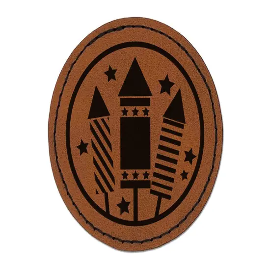 July 4th Independence Day Fireworks Patriotic USA Round Iron-On Engraved Faux Leather Patch Applique - 2.5" Brown {1}