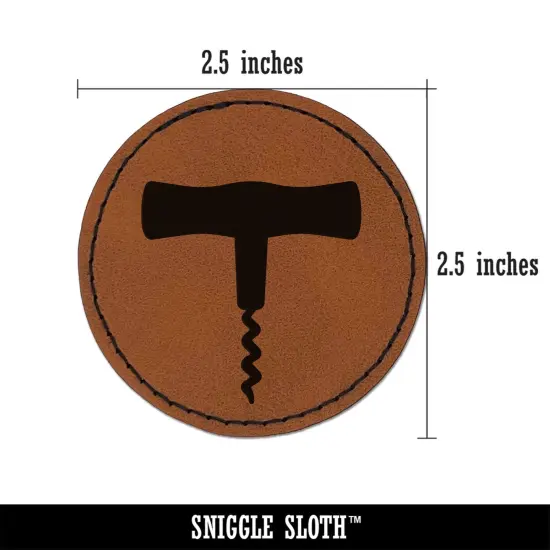 Wine Bottle Cork Corkscrew Round Iron-On Engraved Faux Leather Patch Applique - 2.5" Brown {3}