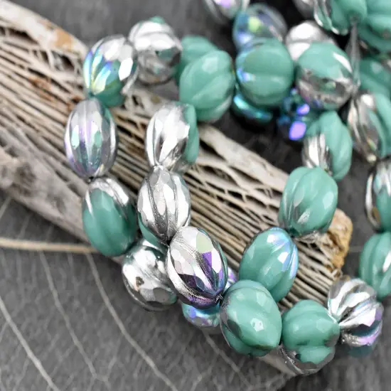 *12* 10mm Silver Washed Turquoise AB Faceted Round Melon Beads {2}