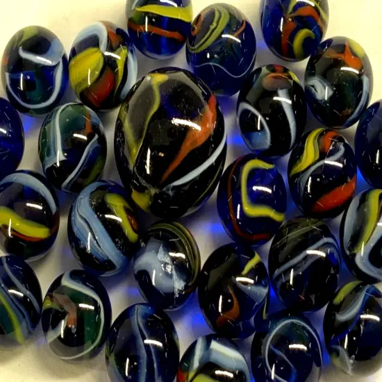 25 Glass Marbles ECLIPSE Cobalt Blue Red Yellow Transparent Shooter {3}