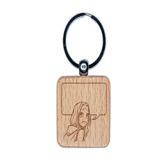 Sad Anime Manga Girl with Empty Speech Bubble Engraved Wood Square Keychain Tag Charm {1}