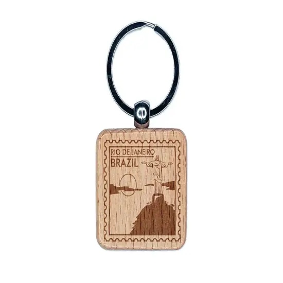 Rio de Janeiro Brazil Christ the Redeemer Travel Engraved Wood Square Keychain Tag Charm {1}