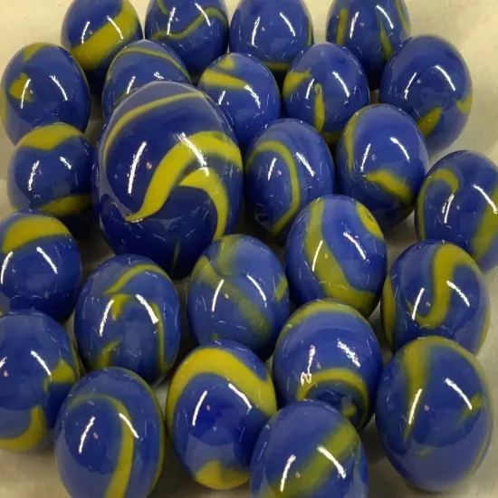 25 Glass Marbles ANGELFISH Blue/Yellow Dory game vtg style Shooter Swirl {2}