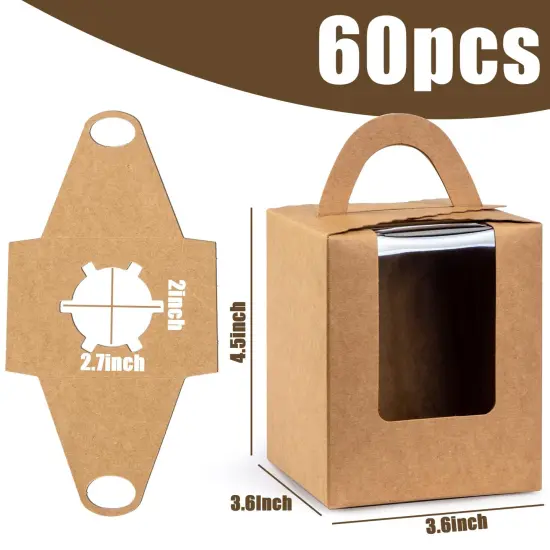 60 Pieces Kraft Cupcake Boxes, Cupcake Carrier with Window Insert and Handle Kraft Pastry Containers Muffins Cupcake Carriers for Bakery Wrapping Party Favor Packing {1}