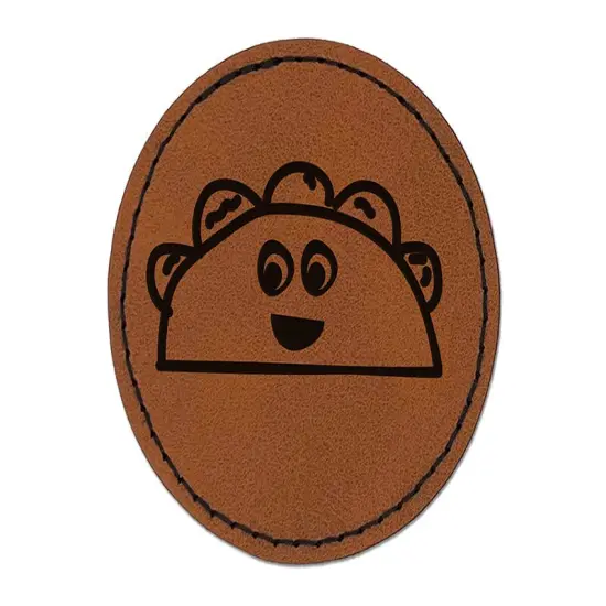 Happy Taco Doodle Round Iron-On Engraved Faux Leather Patch Applique - 2.5" Brown {1}