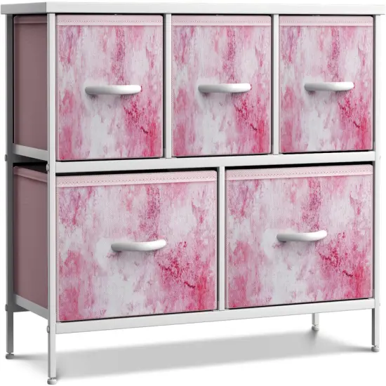 Sorbus Dresser with 5 Drawers - Storage Chest Organizer Unit with Steel Frame, Wood Top, Easy Pull Fabric Bins - Long Wide TV Stand for Bedroom Furniture, Hallway, Closet & Office Organization Tie Dye Pink {1}