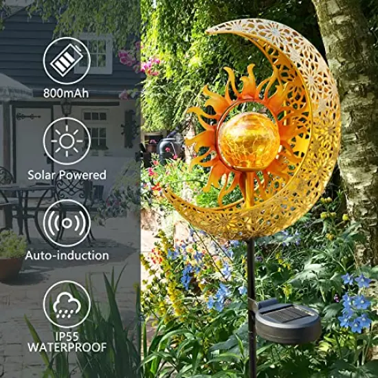1 Pack Garden Solar Lights Outdoor Decorative, Sun & Moon Crackle Glass Globe Metal Stake Light, Waterproof Warm White LED Light, Decorations for Pathway Lawn Patio Courtyard Backyard {6}