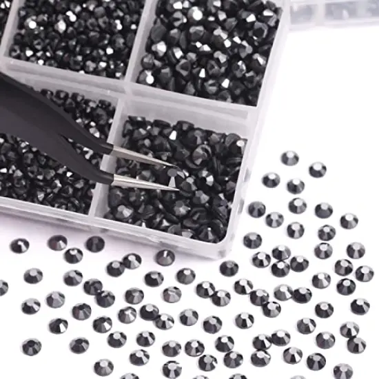 6616 Pieces Hotfix Rhinestones 5 Mixed Sizes FlatBack Crystal Rhinestones for Crafts Round Glass Gems with Tweezers and Picking Rhinestones Pen(Hematite Black) {6}