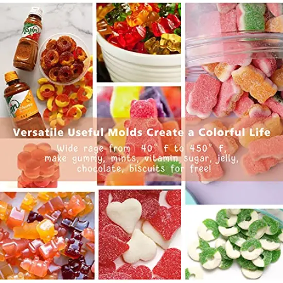 32 Pieces Gummy Bear Molds Silicone , Non-stick Chocolate Candy Mold 18 Shapes for 327 Candies, With 4 Droppers, Clean Brush, Storage Box, 20 Wrappers, Including Dinosaur Mini Donut Fruit Animals Shaped {3}