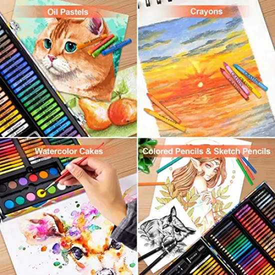 180 Piece Drawing Painting Art Kit with Clipboard and Coloring Papers, Gifts Art Set Case with Oil Pastels, Crayons, Colored Pencils, Watercolor Cakes {5}