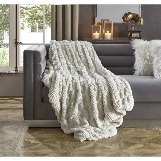 Adina Faux Fur Honeycomb Texture Knit Throw Grey {7}