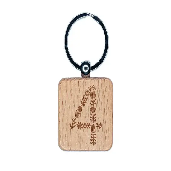 Elegant Botanical Floral Number 4 Engraved Wood Square Keychain Tag Charm {1}