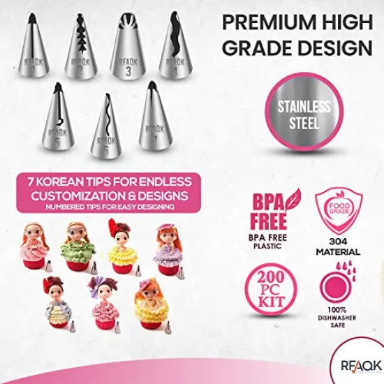 200 Pieces Gift For Women-Cake Decorating Supplies Kit for Beginners RFAQK - Turntable with 48 Numbered Piping &7 Korean Tips(Pattern chart included)-Straight & Offset Spatula-Leveler &Baking tools {3}