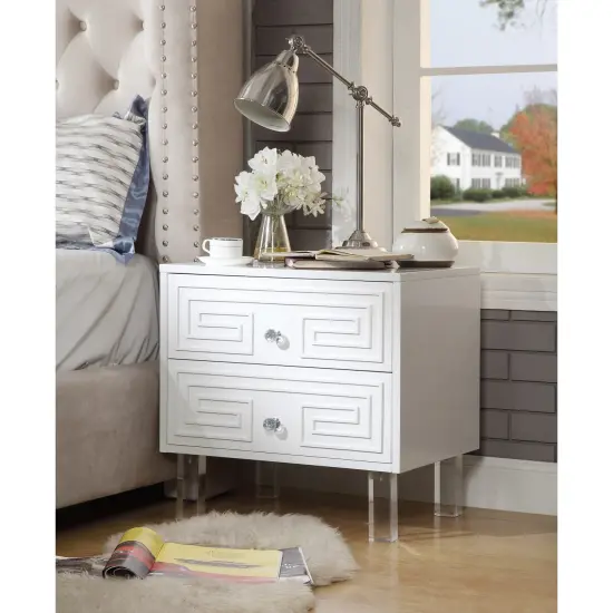 Isobel Modern Greek Key Lacquered Lucite Leg Side/Accent Table /Nightstand White {1}