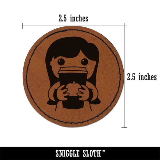 Pumpkin Latte Girl Fall Coffee Round Iron-On Engraved Faux Leather Patch Applique - 2.5" Brown {3}