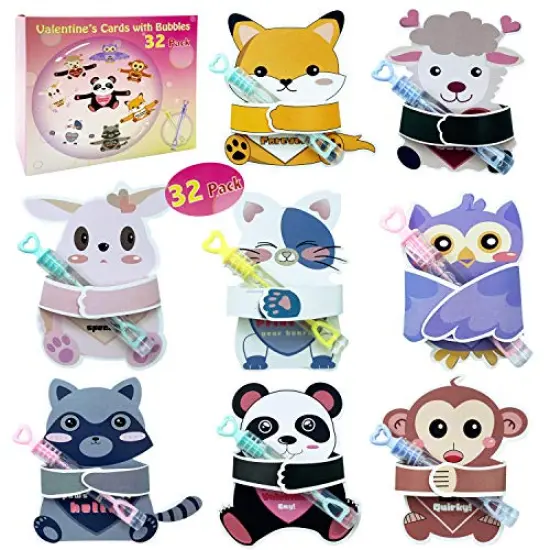 Valentines Day Cards for Kids Gifts - 32 Bubble Wands 32 Valentines Cards 80 Sticker Dots, Valentine's Day Party Favors, Animal Kids Vday Cards for School Valentines Classroom Exchange {1}