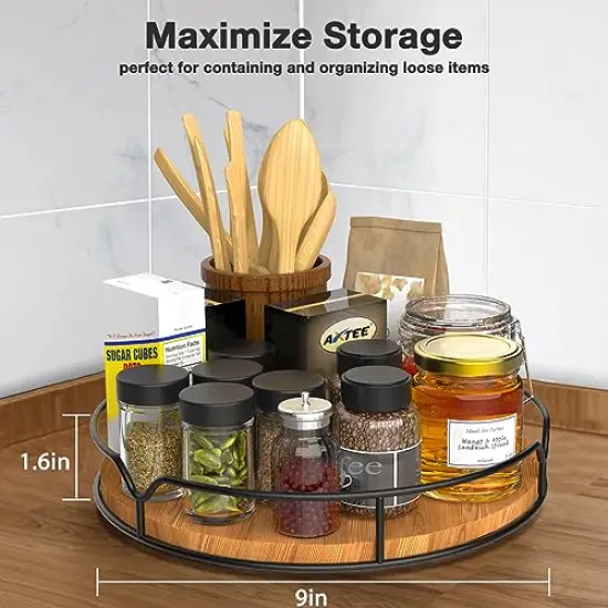 Lazy Susan Turntable Organizer for Cabinet Pantry Kitchen Countertop Refrigerator Cupboard, Pine Wood, 9", Carbonized Black {3}