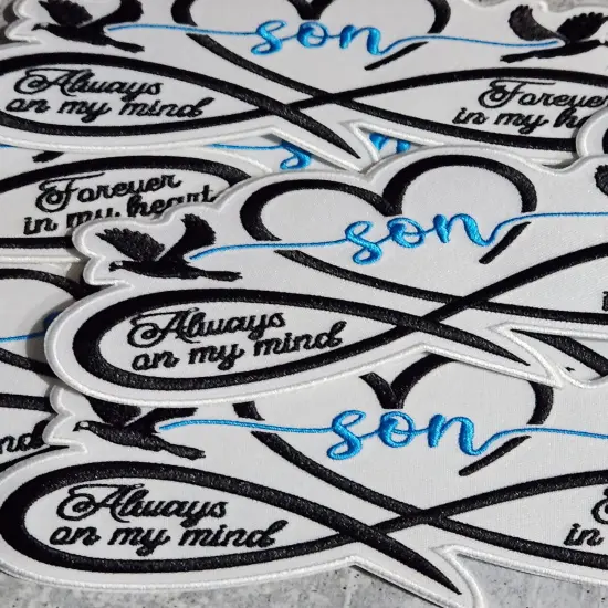 Memorial Infinity Collection: Patch Party Club, "SON" Eternal Remembrance 1-pc, Iron-On Embroidered Patch, Sz 6", Tribute Honoring Loved One {4}