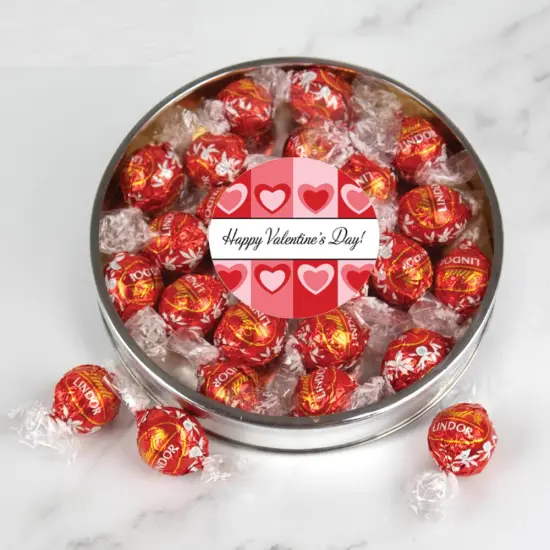 Valentine's Day Candy Gift Tin with Chocolate Lindor Truffles by Lindt Large Plastic Tin with Sticker - Pink & Red {1}