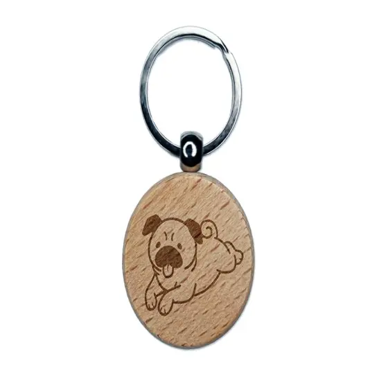 Pug Laying Down Dog Engraved Wood Round Keychain Tag Charm {1}