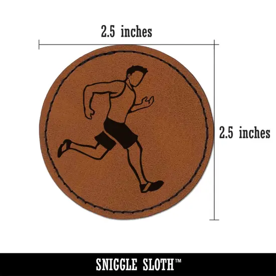 Running Man Fitness Exercise Marathon Workout Jogging Round Iron-On Engraved Faux Leather Patch Applique - 2.5" Brown {3}