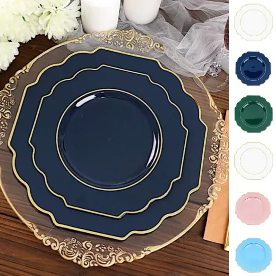 10 Pcs 12" Disposable Baroque Plastic Dinner Plates with Gold Rim Burgundy w/gold {2}